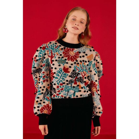 FARM Rio Sweaters - Farm Rio Mushroom Forest Puff Sleeve Knit Pullover Sweater Multi Womens Size XS